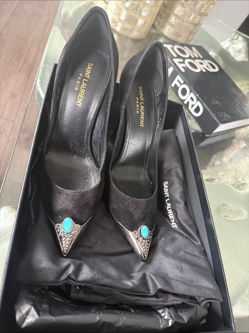 Saint Laurent Black Cashmere Pointed Toe Pump with Turquoise Accent Stone - Picture 11 of 12